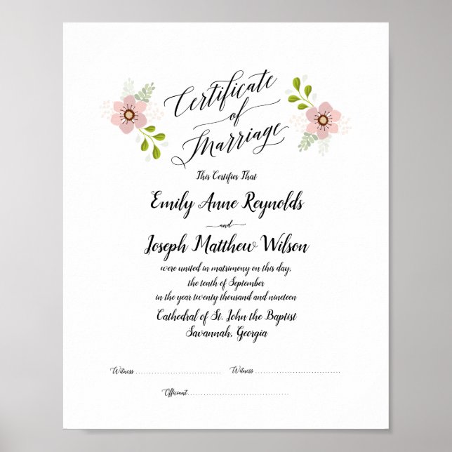 Modern Marriage Certificate Wedding Keepsake Poster (Front)