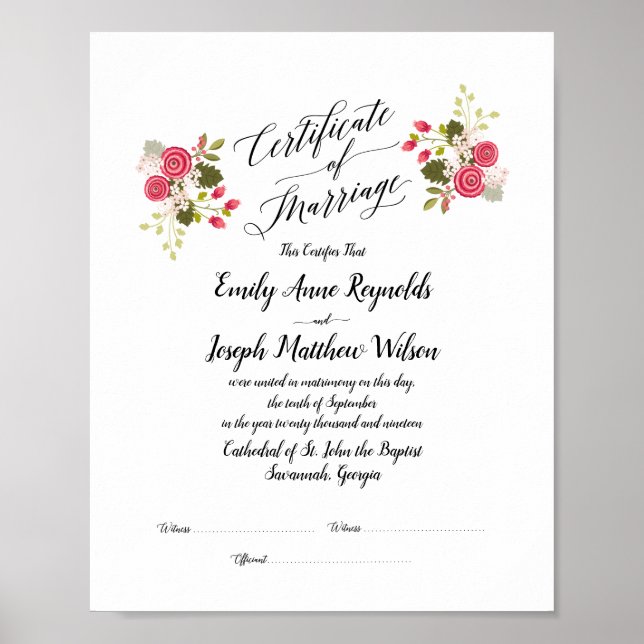 Modern Marriage Certificate Wedding Keepsake Poster (Front)