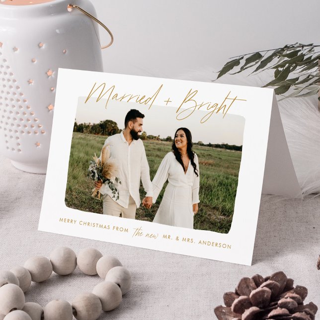 Modern Married and Bright Gold Script Photo Holiday Card (Creator Uploaded)