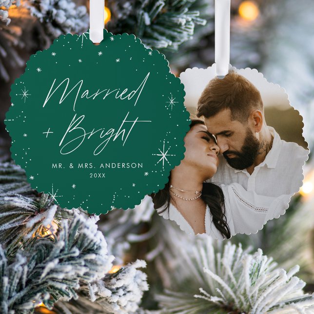 Modern Married and Bright Green Holiday Photo Tree Decoration Card (Creator Uploaded)
