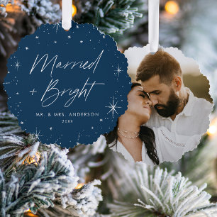Modern Married and Bright Navy Holiday Photo Tree Decoration Card