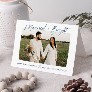 Modern Married and Bright Navy Script Photo Holiday Card
