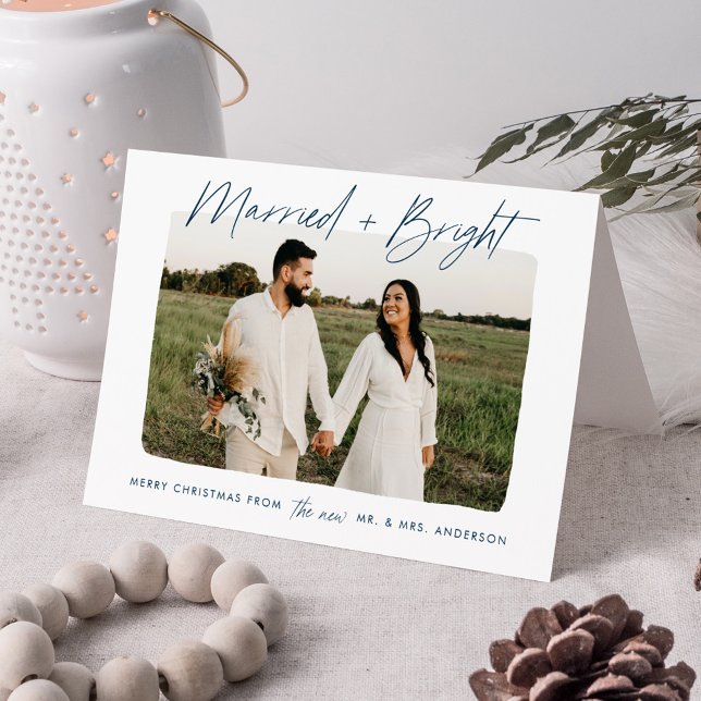 Modern Married and Bright Navy Script Photo Holiday Card (Creator Uploaded)