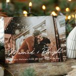 Modern Married and Bright Newlywed Photo Overlay Postcard<br><div class="desc">Custom-designed newlywed Christmas postcards featuring modern hand-lettering design with your personalised holiday greeting message.</div>