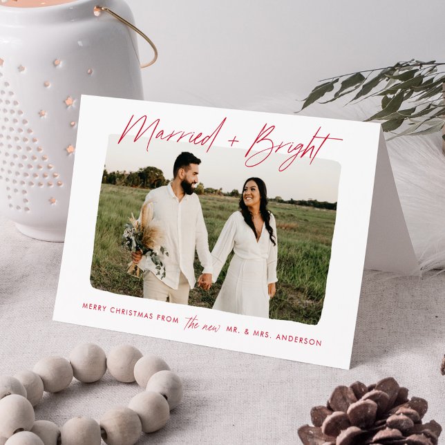 Modern Married and Bright Red Script Photo Holiday Card (Creator Uploaded)