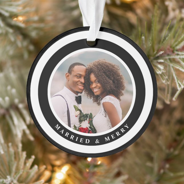Modern Married and Merry First Christmas Photo Ornament (Tree)
