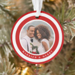 Modern Married and Merry First Christmas Photo Ornament<br><div class="desc">This stylish Christmas photo ornament is perfect for the newlywed couple,  celebrating their very first Christmas together! It features a modern circles frame in red and white. Text templates are included on the back for personalisation.</div>