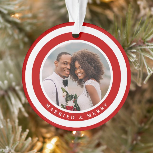 Modern Married and Merry First Christmas Photo Ornament (Tree)