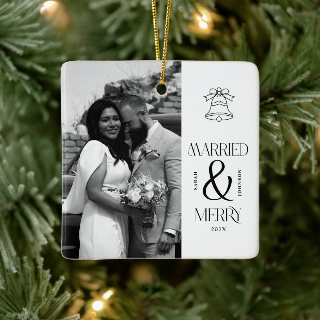 Modern Married and Merry Newlywed Bow Christmas Ceramic Ornament (Tree)