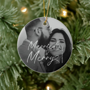Modern Married and Merry Newlywed Script Christmas Ceramic Tree Decoration