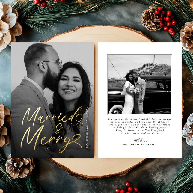 Modern Married and Merry Newlywed Script Christmas Foil Holiday Card (Creator Uploaded)