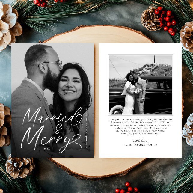 Modern Married and Merry Newlywed Script Christmas Holiday Card (Creator Uploaded)