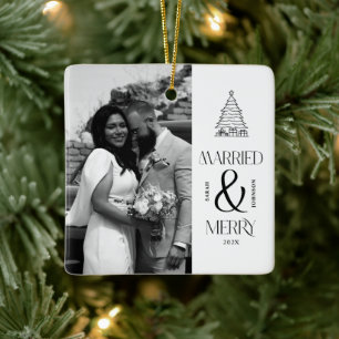 Modern Married and Merry Newlyweds Bow Christmas Ceramic Ornament