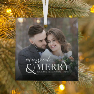 Modern Married and Merry Newlyweds Photo Christmas Glass Tree Decoration