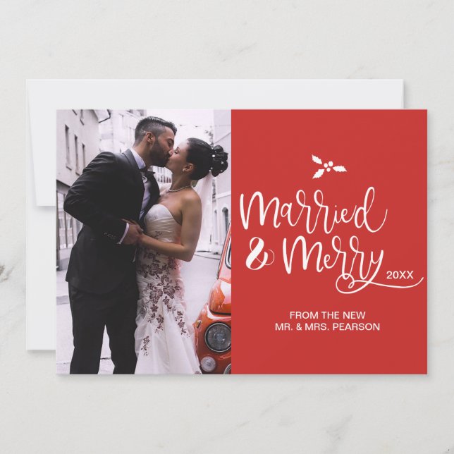 Modern Married and Merry Wedding photo Christmas Holiday Card (Front)
