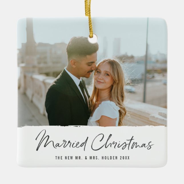 Modern Married Christmas Newlywed Wedding 2 Photo Ceramic Ornament (Front)