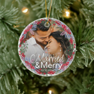 Modern Married & Merry Christmas Ceramic Tree Decoration