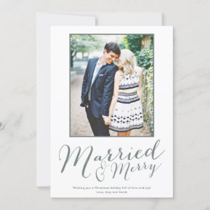Modern Married Merry Newlywed Gingham Photo Holiday Card