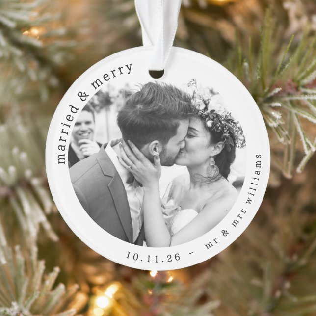 Modern Married & Merry Photo Names Christmas Ornament (Tree)