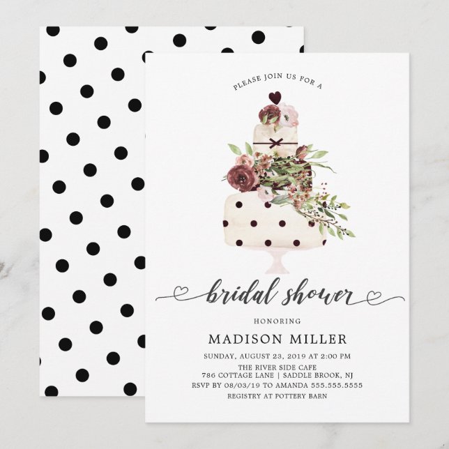Modern Marsala Blush Floral Cake Bridal Shower Invitation (Front/Back)