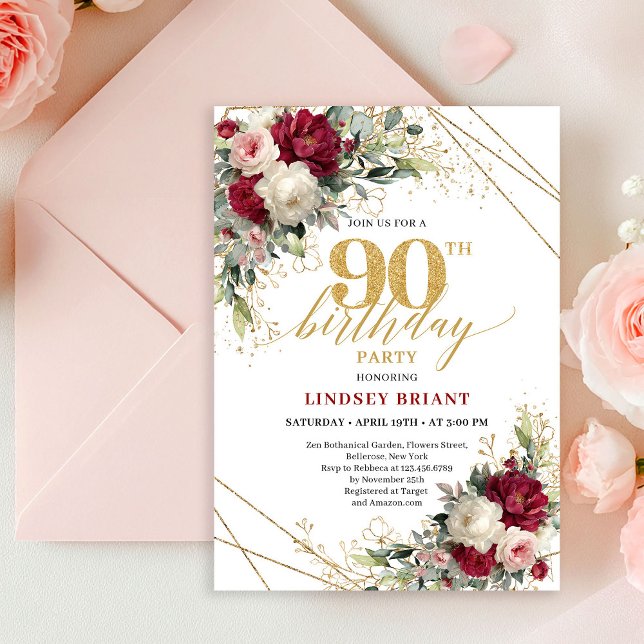 Modern Marsala Gold Floral 90th Birthday Invitatio Invitation (Modern Marsala Gold Floral 90th Birthday Invitation

)