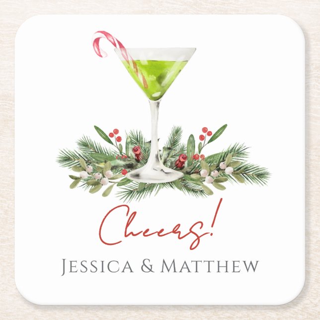 Modern Martini and Mistletoe Candy Cane Cocktail Square Paper Coaster (Front)