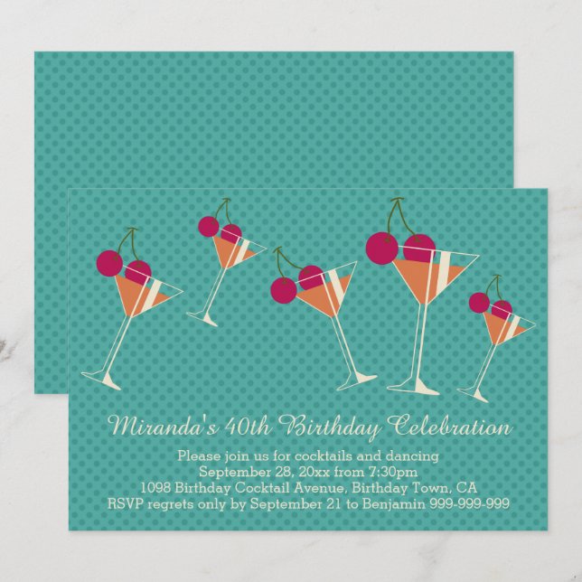 Modern Martini Cocktail 40th Birthday Party Invitation (Front/Back)