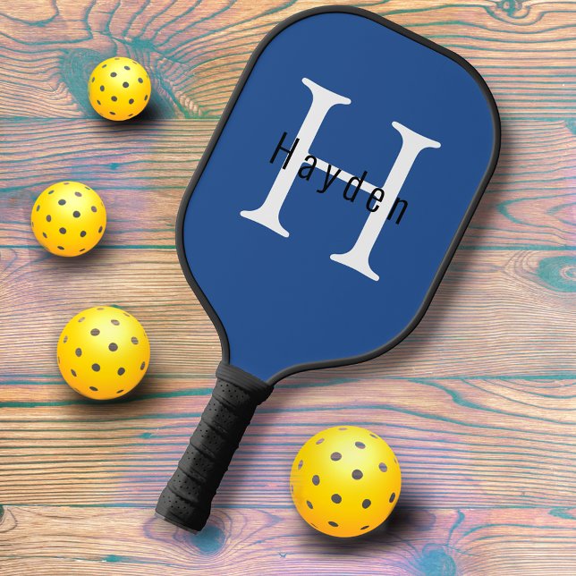 Modern Masculine Blue Monogram Name + Initial Pickleball Paddle (Creator Uploaded)