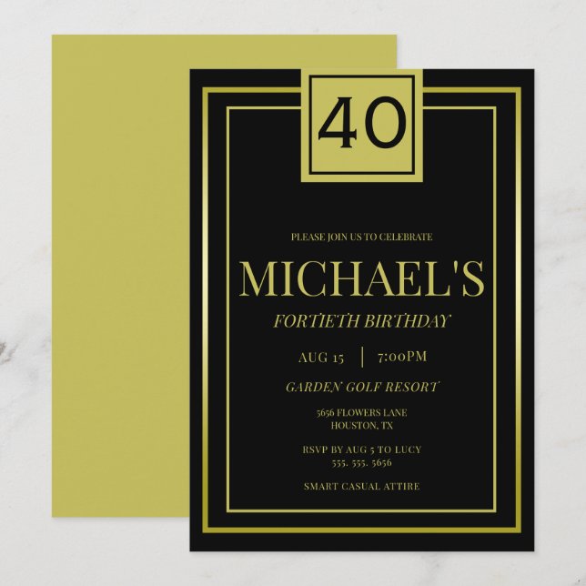 Modern Masculine Gold & Black 40th Birthday Invitation (Front/Back)