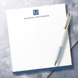 Modern masculine monogram name dark blue square notepad<br><div class="desc">Notepad featuring your monogram initial on a dark blue or custom colour square and the name below in a masculine font. At the bottom is a dark blue border. All colours are customisable.</div>
