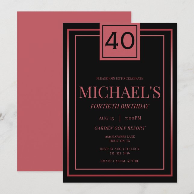 Modern Masculine Red & Black 40th Birthday Invitation (Front/Back)