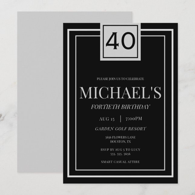 Modern Masculine Silver & Black 40th Birthday Invitation (Front/Back)