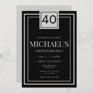 Modern Masculine Silver & Black 40th Birthday Invitation