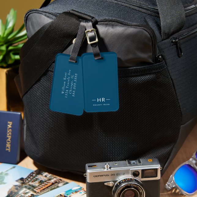 Modern Masculine Simple Blue Monogram Initials Luggage Tag (Front & Back)