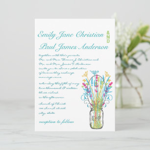 Modern Mason Jar Aqua Pink Yellow Lime Wedding Invitation