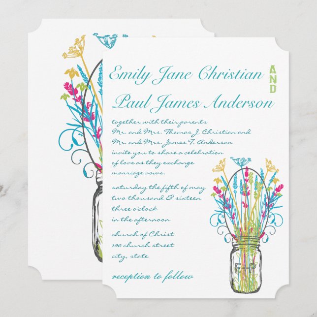 Modern Mason Jar Aqua Pink Yellow Lime Wedding Invitation (Front/Back)