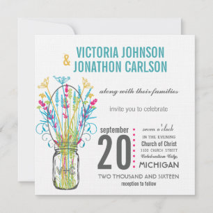 Modern Mason Jar Aqua Yellow Lime Pink Floral Invitation