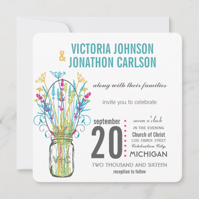 Modern Mason Jar Aqua Yellow Lime Pink Floral Invitation (Front)