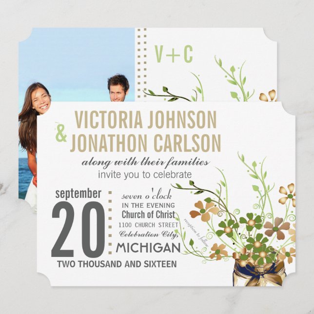 Modern Mason Jar Bronze and Green Floral Wedding Invitation (Front/Back)