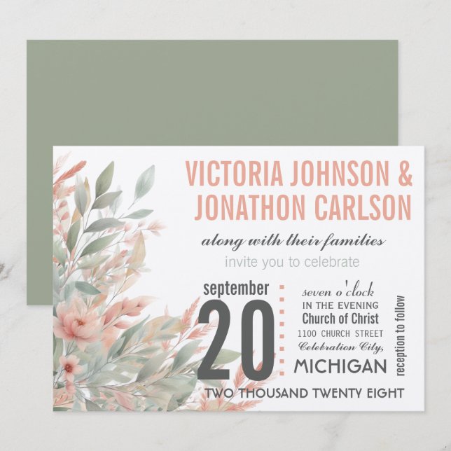 Modern Mason Jar Coral and Mint Floral Wedding Invitation (Front/Back)