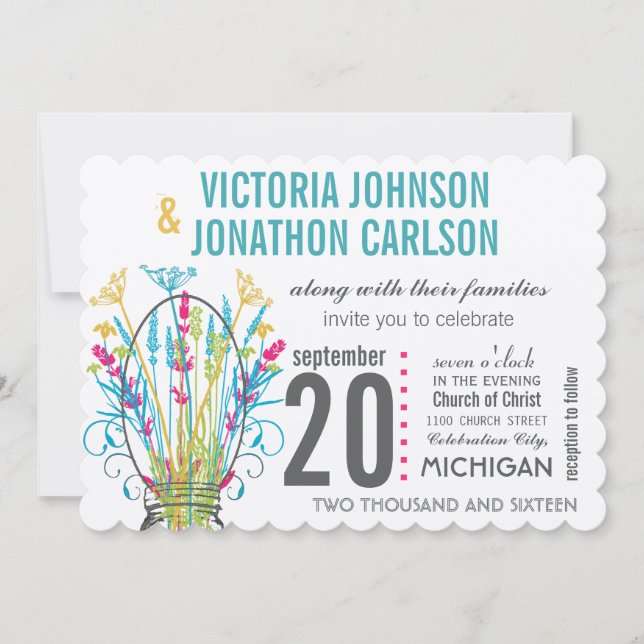 Modern Mason Jar Coral Yellow Lime Floral Wedding Invitation (Front)