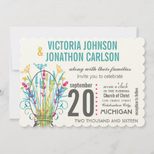 Modern Mason Jar Coral Yellow Lime Floral Wedding Invitation