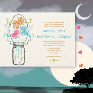 Modern Mason Jar Coral Yellow Lime Floral Wedding Invitation