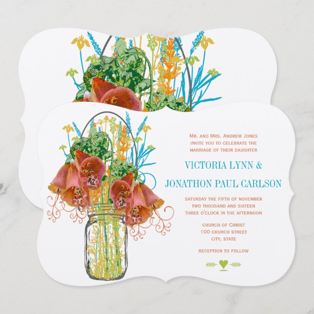 Modern Mason Jar Coral Yellow Lime Floral Wedding Invitation (Front/Back)