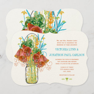 Modern Mason Jar Coral Yellow Lime Floral Wedding Invitation
