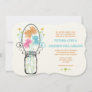 Modern Mason Jar Pink Orange Lime Floral Wedding Invitation
