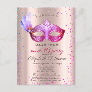 Modern Masque Diamonds Rose Gold Sweet 16 Invitation Postcard
