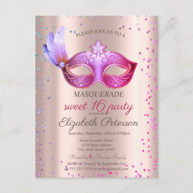  Modern Masque Diamonds Rose Gold Sweet 16  Invitation Postcard (Front)