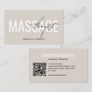 Modern massage therapist QR Code beige Business Card