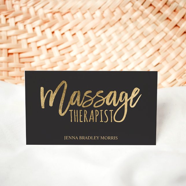 Modern massage therapist script chic gold foil business card (Creator Uploaded)